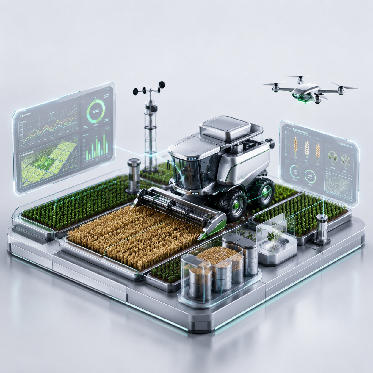Cena 3D premium de agronegócio com colheitadeira inteligente, sensores e dashboards agrícolas