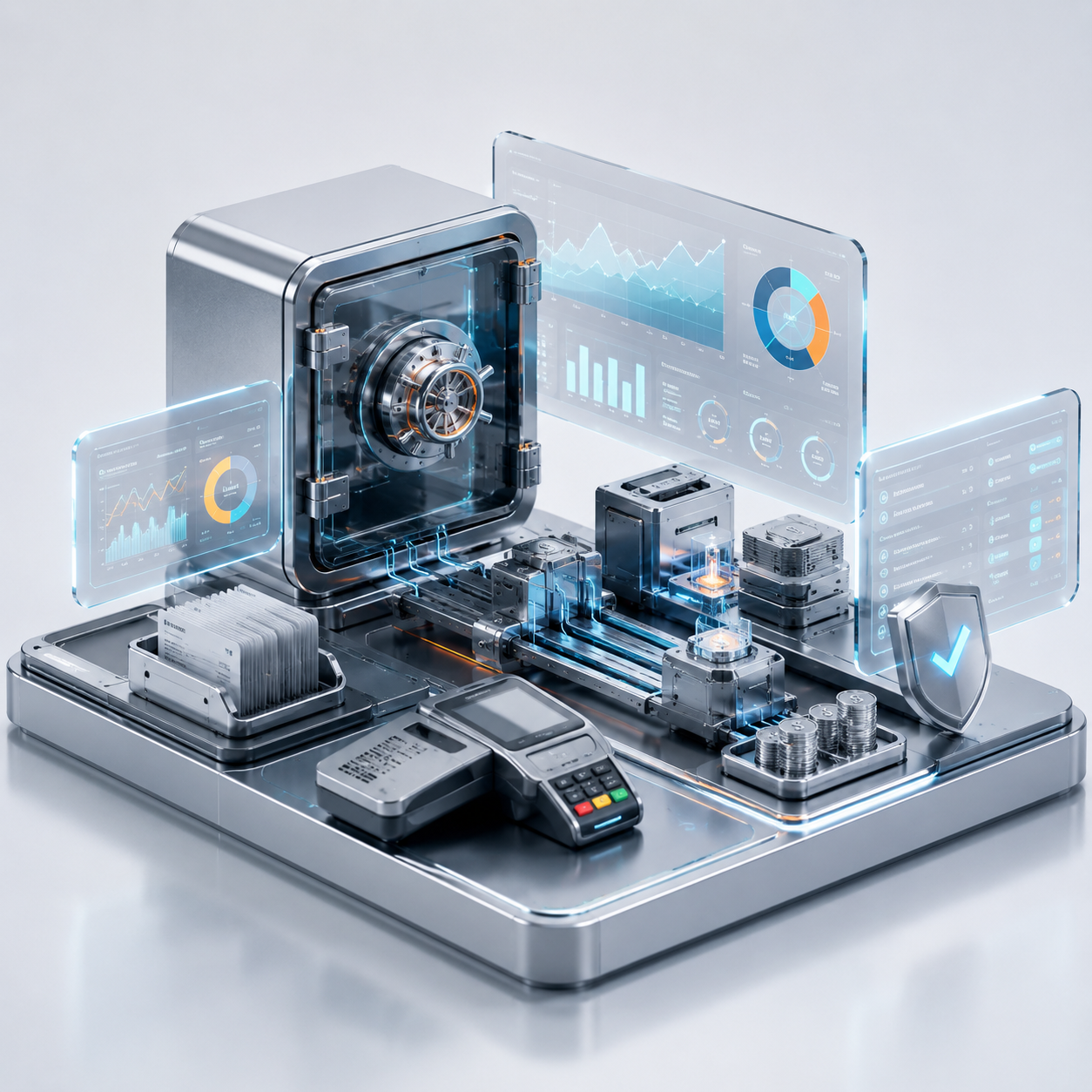 Cena 3D premium de operação financeira com cofre digital, POS e dashboards analíticos