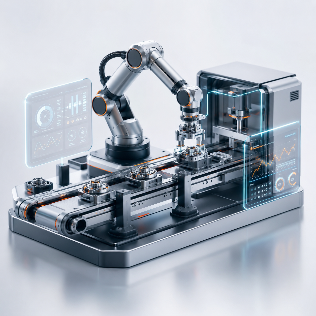 Cena 3D premium de indústria automatizada com braço robótico, esteira e dashboards operacionais