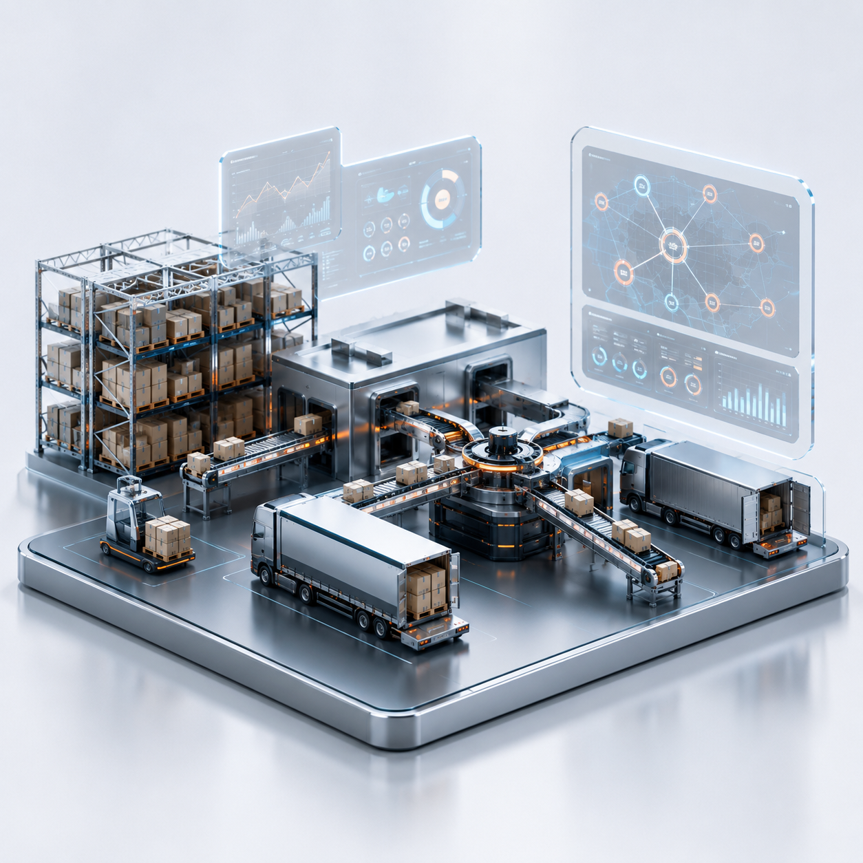 Cena 3D premium de operação logística com armazém, caminhão e interfaces de monitoramento