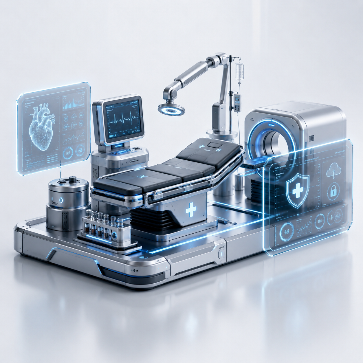 Cena 3D premium de ambiente de saúde com equipamentos diagnósticos e painéis clínicos digitais